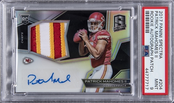 2017 Panini Spectra (RPA) #204 Patrick Mahomes Signed Patch Rookie Card (#43/99) - PSA MINT 9